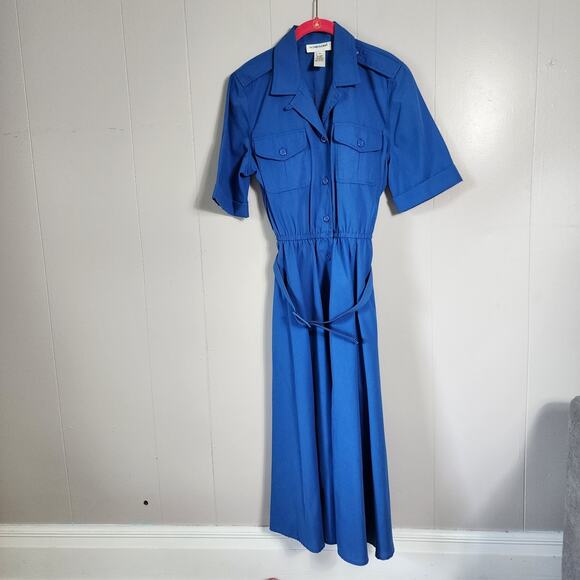 Vintage Office Retro Schrader Secretary Cargo Dress Button Up Belted 8 Blue - Picture 1 of 9
